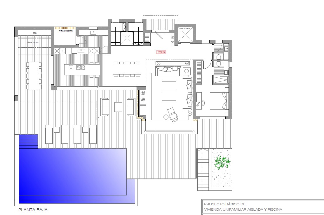Technischer Grundriss des Erdgeschosses mit Darstellung der offenen Küche, des Wohn-Essbereichs, eines Schlafzimmers mit Bad sowie der Terrasse mit Pool und Grillplatz.