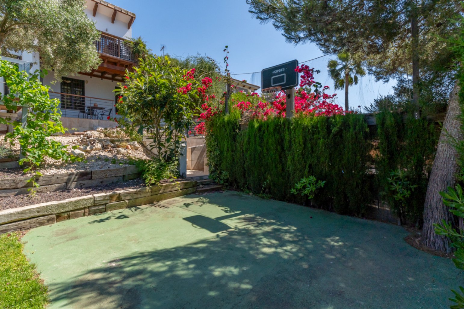 Außenfreizeitbereich mit Basketballkorb, grünem Bodenbelag und hohen Hecken, eingebettet in einen Garten mit Pinien und Blick auf die Holzterrasse der Villa.
