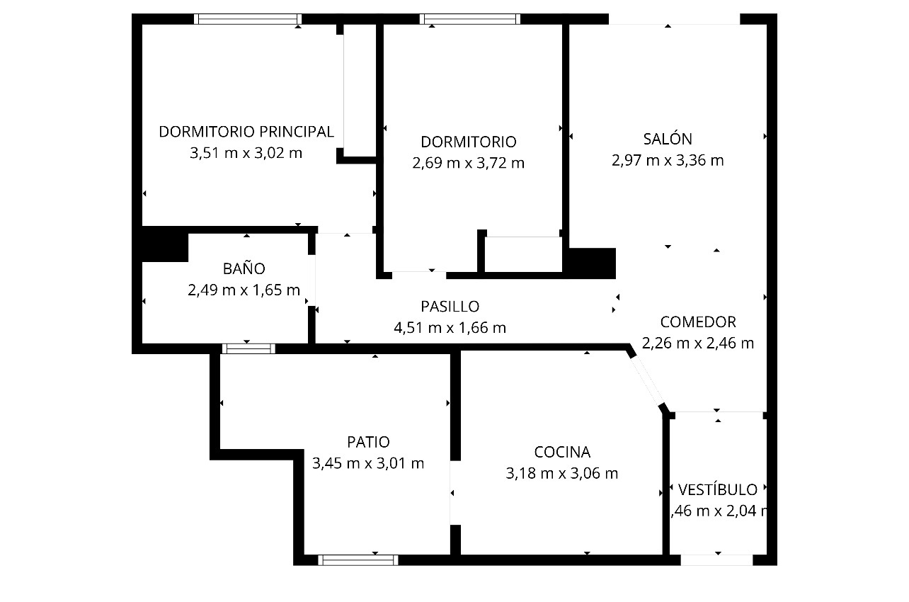 Detaillierter Grundriss mit der Aufteilung von zwei Schlafzimmern, Wohn-Essbereich, separater Küche, Badezimmer und einem privaten Innenhof.