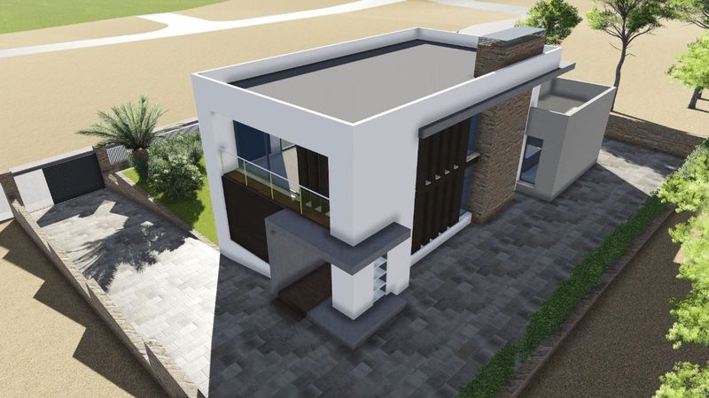 Luftaufnahme der modernen Villa mit Flachdach, weißer Fassade, Natursteinakzenten, dunklen vertikalen Lamellen und gepflasterter Einfahrt.
