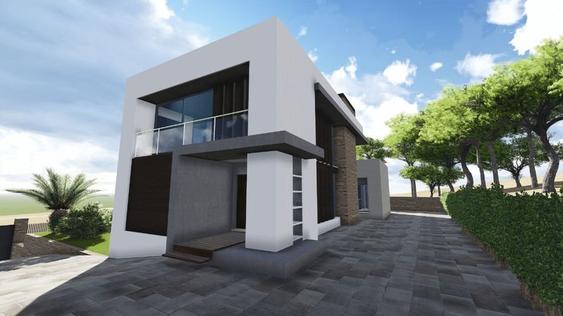 Moderne Außenansicht mit weißer geometrischer Fassade, Steinakzenten, Glasbalkon und grau gepflastertem Eingangsbereich, umgeben von mediterranen Pinien.