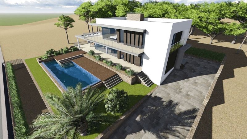 Vogelperspektive der modernen weißen Architektur mit rechteckigem Pool, Holzdeck und angelegtem Garten mit gepflasterter Einfahrt.
