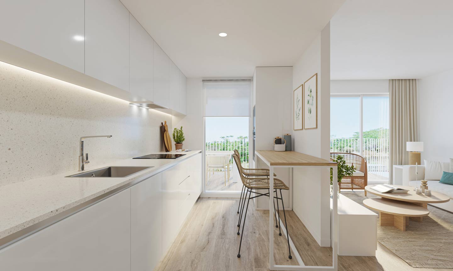 Moderne offene Küche mit weißen Schränken, Steinarbeitsplatte und Frühstücksbar mit Rattanhockern, die nahtlos in den Wohnbereich und die Terrasse übergeht.