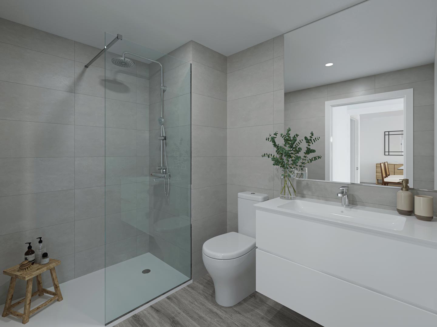 Modernes Badezimmer mit begehbarer Dusche, Glastrennwand, grauen Wandfliesen, weißem Hängewaschbecken und Boden in hochwertiger Holzoptik.
