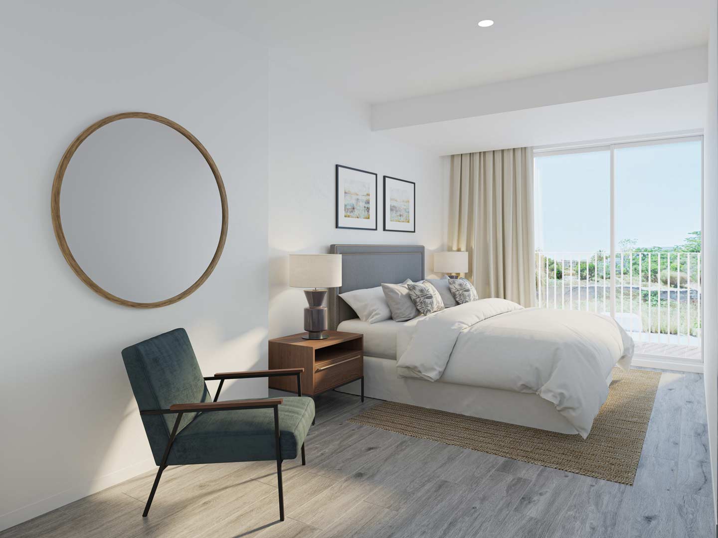 Modernes Schlafzimmer mit grauem Holzboden, großem Rundspiegel und direktem Zugang zur privaten Terrasse durch bodentiefe Glasschiebetüren.