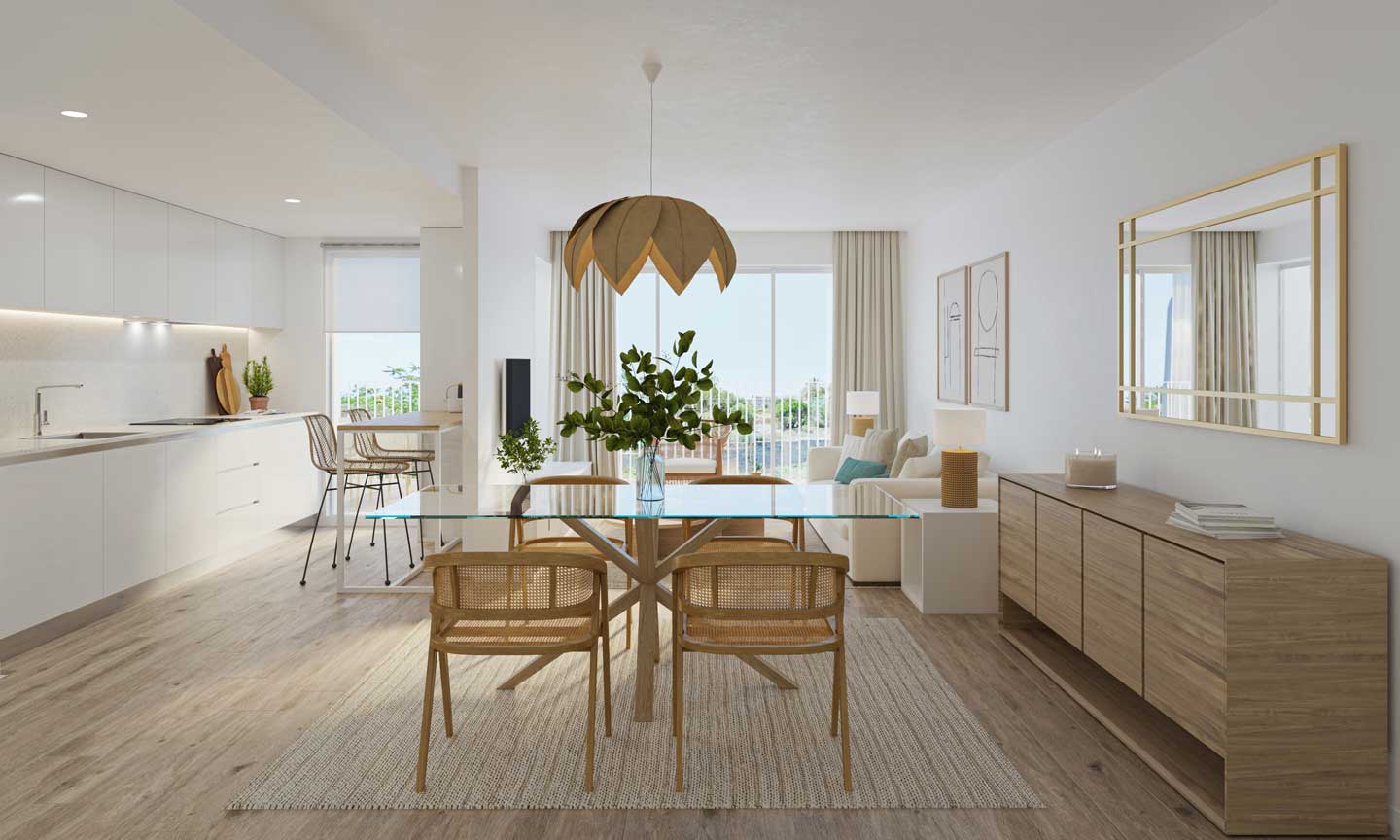 Offener Wohn- und Essbereich mit minimalistischer weißer Küche, Glastisch und Rattanstühlen sowie hellem Parkettboden und Zugang zur privaten Terrasse.