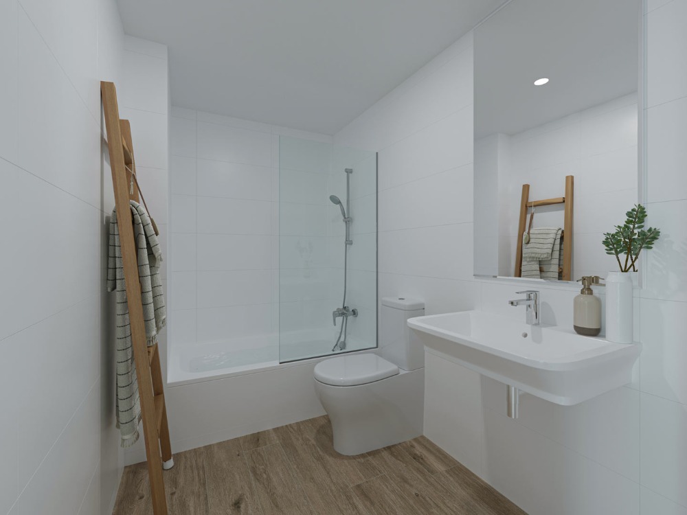 Modernes Badezimmer mit weiß gefliesten Wänden, Badewanne mit Glastrennwand, Hängewaschbecken und Feinsteinzeugboden in Holzoptik.