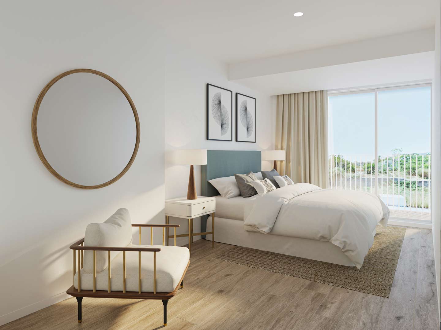 Modernes Schlafzimmer mit blauem Kopfteil, hellem Parkettboden und direktem Balkonzugang durch bodentiefe Glasschiebetüren.