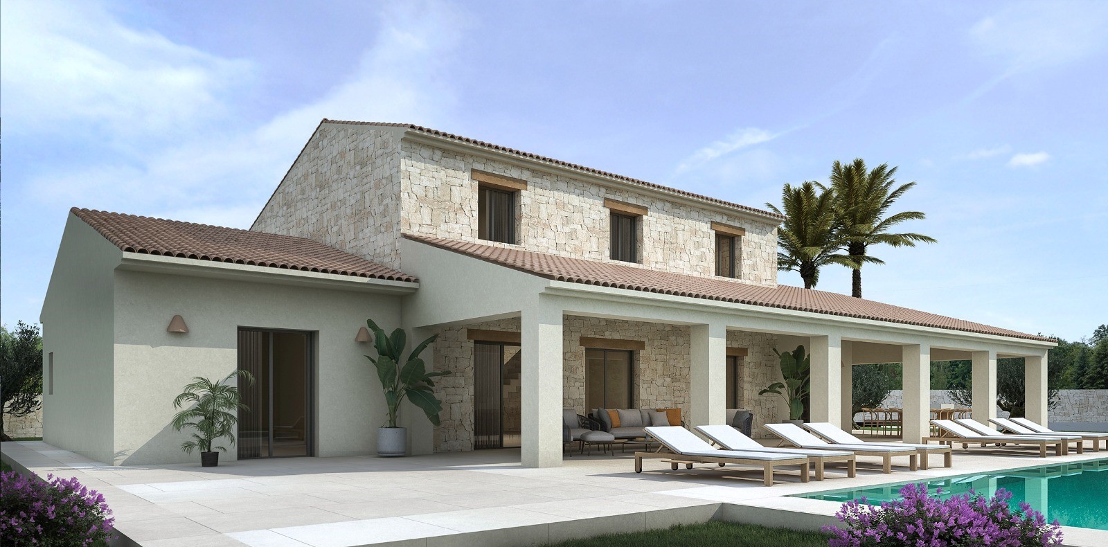 Außenansicht der mediterranen Villa mit Natursteinfassade, großzügiger Terrasse, Pool und schattigem Säulengang mit komfortablen Sonnenliegen.