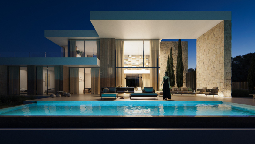 Außenansicht bei Dämmerung mit Infinity-Pool, Natursteinwänden und einer doppelstöckigen Terrasse mit minimalistischen Möbeln und Glasfronten.
