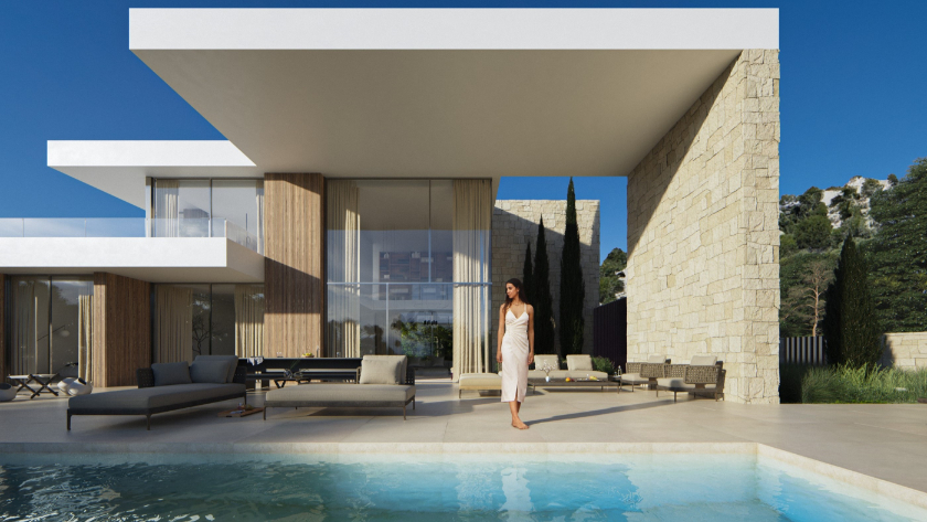 Außenansicht einer modernen Villa mit großem auskragendem Dach, Natursteinwänden und Infinity-Pool, kombiniert mit raumhohen Glasfassaden.
