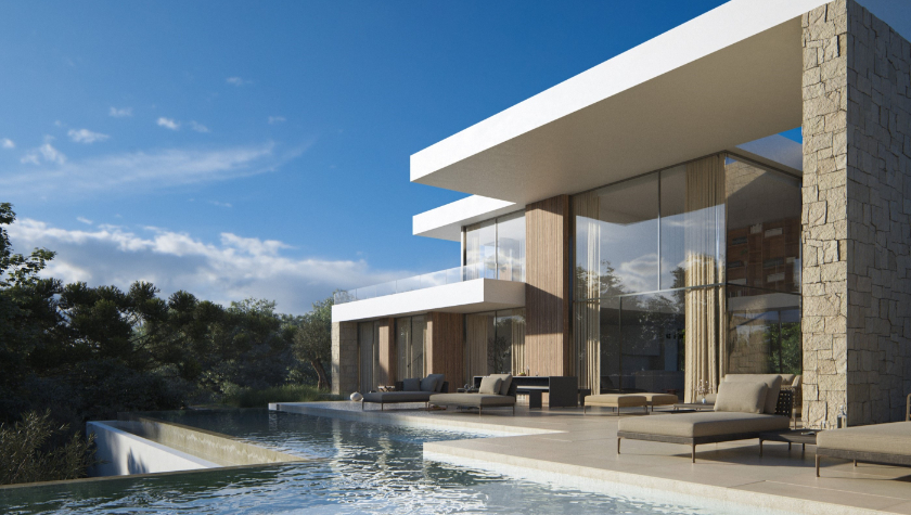 Außenansicht mit gestuftem Infinity-Pool, Natursteinmauerwerk und raumhohen Glasfronten unter einer weit auskragenden, weißen Dachkonstruktion.