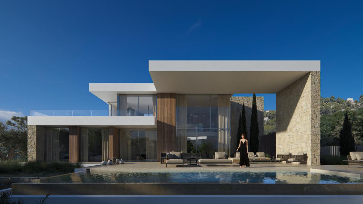 Außenansicht mit Infinity-Pool, auskragenden Dachkonstruktionen und einer Fassade aus Naturstein, Holzpaneelen und großzügigen Glasflächen unter blauem Himmel.