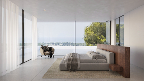 Master-Suite mit bodentiefen Glasfronten und Panoramameerblick, ausgestattet mit einem maßgefertigten Holzkopfteil und minimalistischem Design.
