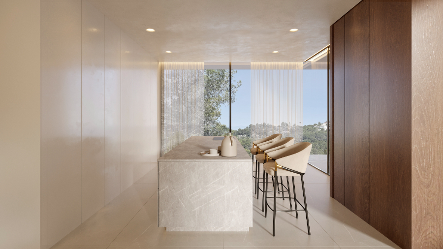 Moderne Küche mit Steininsel, Designer-Barhockern und dunklen Holzschränken, ergänzt durch bodentiefe Fenster mit Blick in die umliegende Landschaft.
