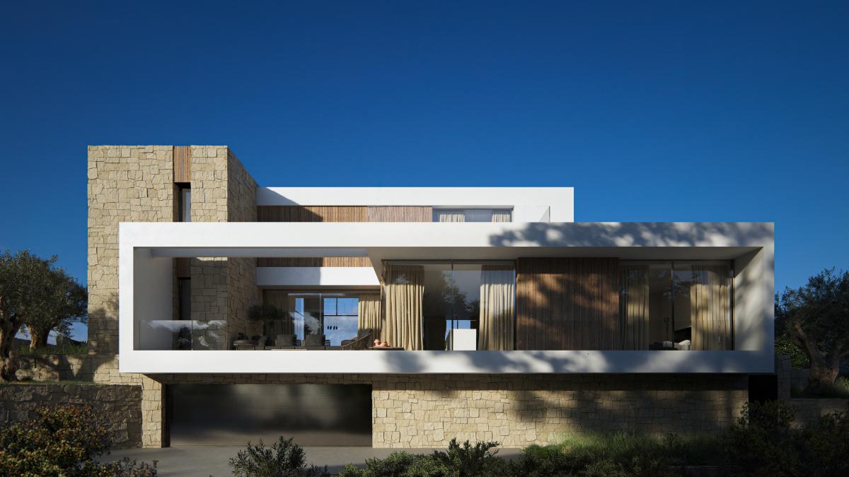 Moderne Villa-Fassade mit Natursteinwänden, weißen Auskragungen und Holzlamellen. Bodentiefe Fenster verbinden den Wohnbereich mit der großzügigen Terrasse.