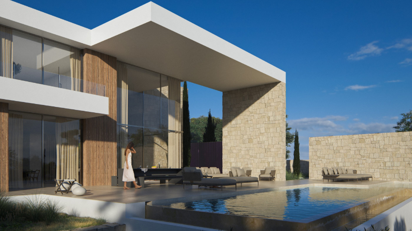 Moderne Villa mit Infinity-Pool, Natursteinwänden und einer doppelt hohen Veranda mit Holzlamellen und großflächigen Glasfronten.