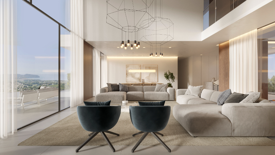 Wohnzimmer mit doppelter Deckenhöhe, bodentiefen Glasfronten mit Meerblick, geometrischen Drahtleuchten und modernem Interieur in Erdtönen.