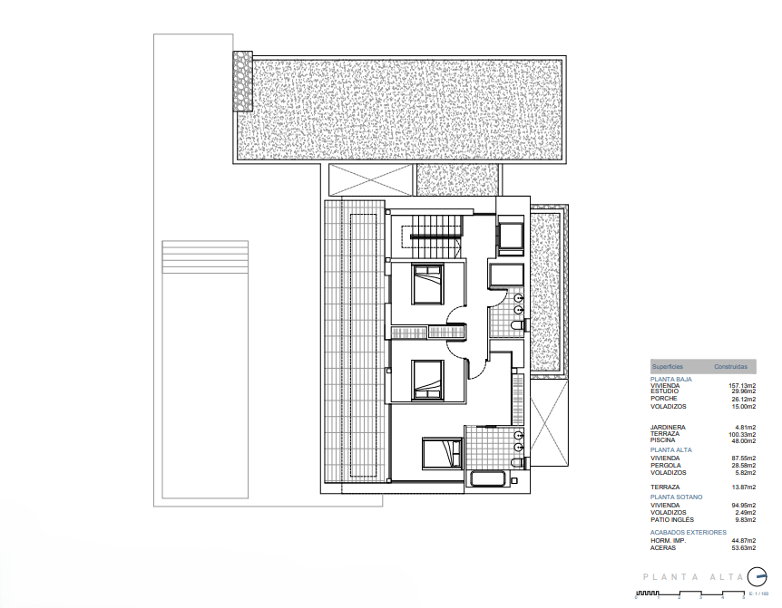 Detaillierter architektonischer Grundriss des Obergeschosses mit drei Schlafzimmern, zwei Badezimmern und Terrasse sowie einer Tabelle der bebauten Flächen.
