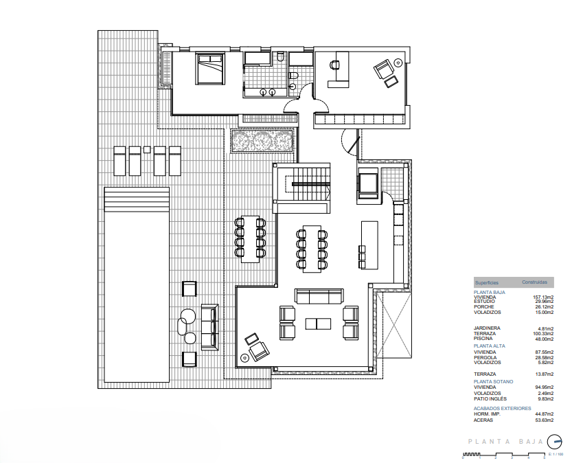 Detaillierter Grundriss des Erdgeschosses mit offenem Wohnbereich, Mastersuite, Arbeitszimmer und weitläufiger Terrasse mit privatem Pool.