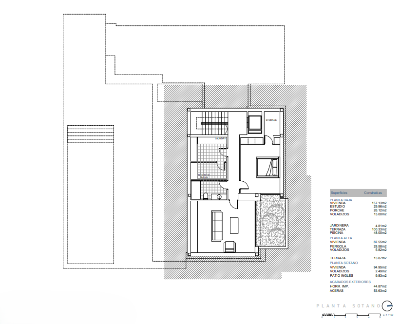 Detaillierter Grundriss des Untergeschosses mit Waschküche, Technikraum, Abstellraum, zusätzlichem Schlafzimmer und einem englischen Patio für Tageslicht.