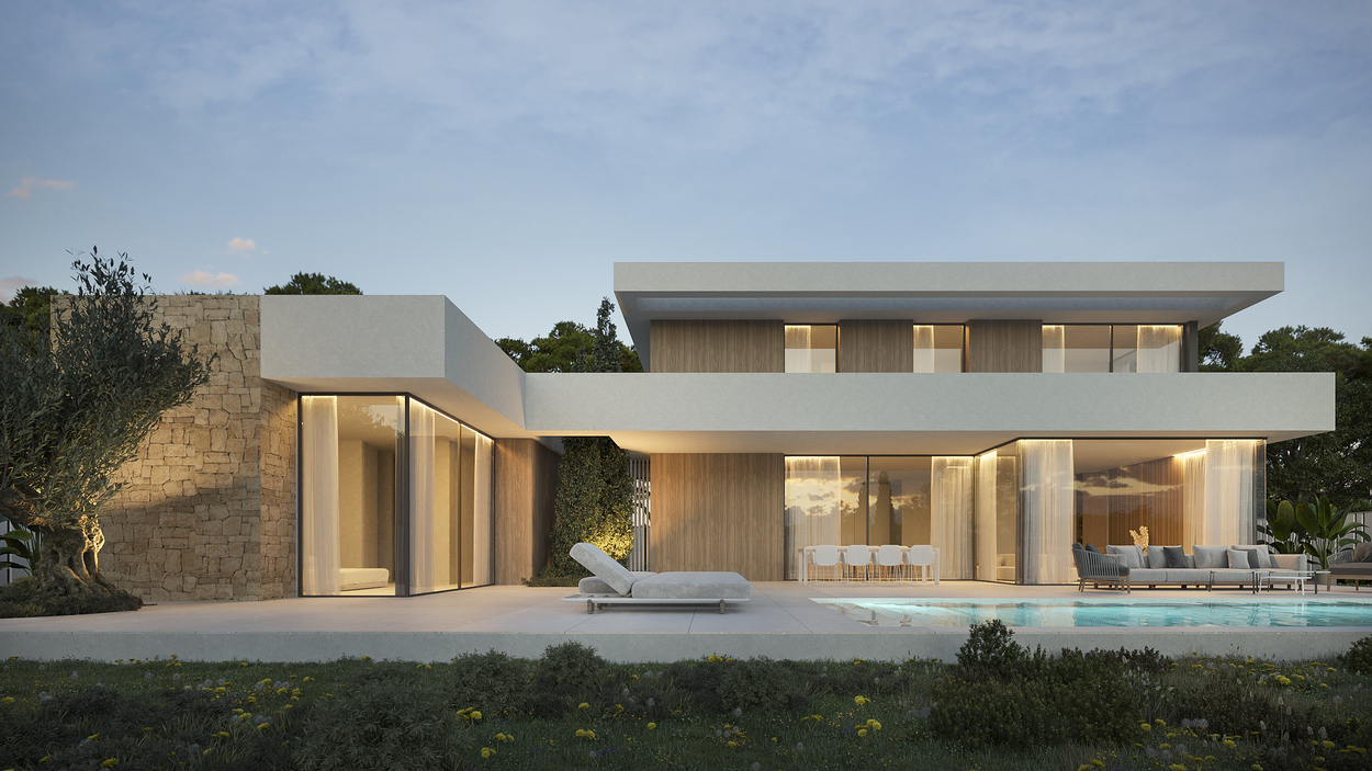 Moderne Villenfassade mit Natursteinwänden, Holzverkleidung und bodentiefen Fenstern, die auf den privaten Pool und die angelegte Terrasse blicken.