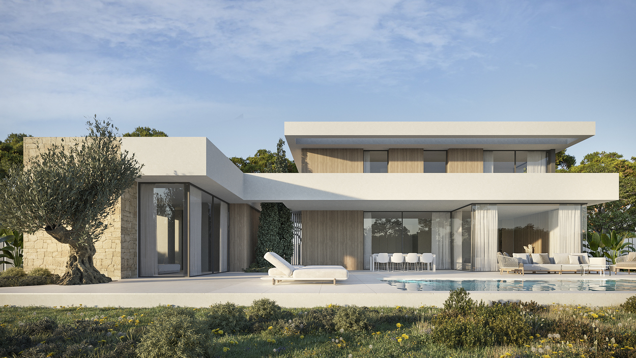 Moderne zweistöckige Villa mit Natursteinwänden, Holzpaneelen und weißem Putz. Außenbereich mit privatem Pool, Sonnenterrasse und Garten mit altem Olivenbaum.