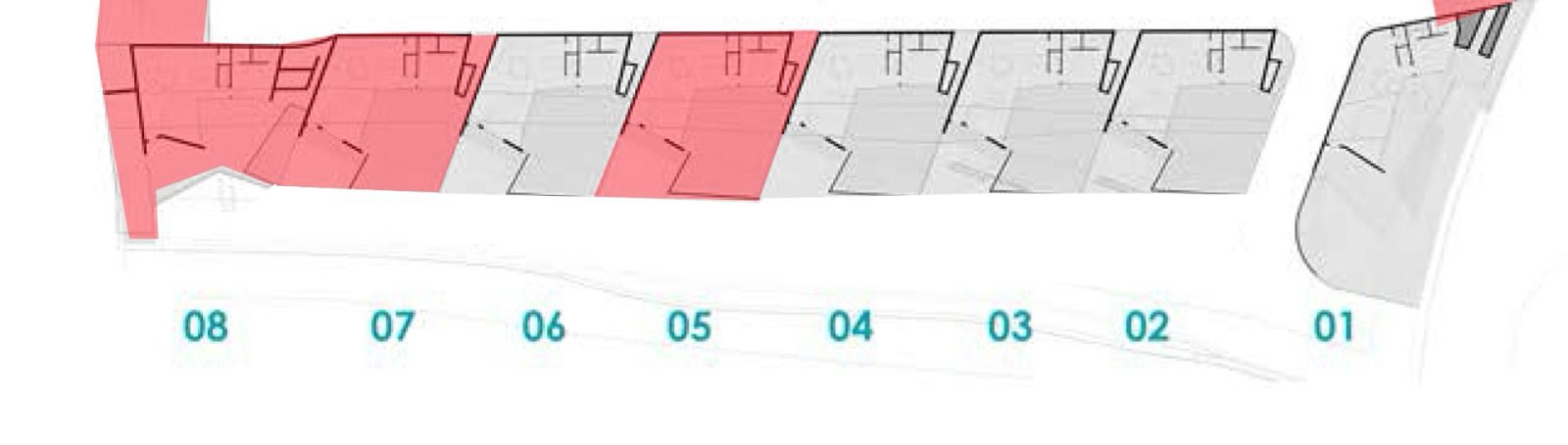 Lageplan der Wohneinheiten 01 bis 08 mit rot markierten Flächen zur Kennzeichnung der verfügbaren Grundstücke in der Anlage in Benitachell.