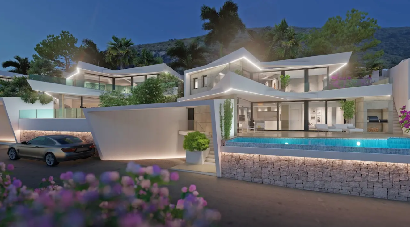 Moderne, mehrstöckige Villa mit weißer geometrischer Architektur, integrierter LED-Beleuchtung, Infinity-Pool und Natursteinmauern am Fuße des Berges.