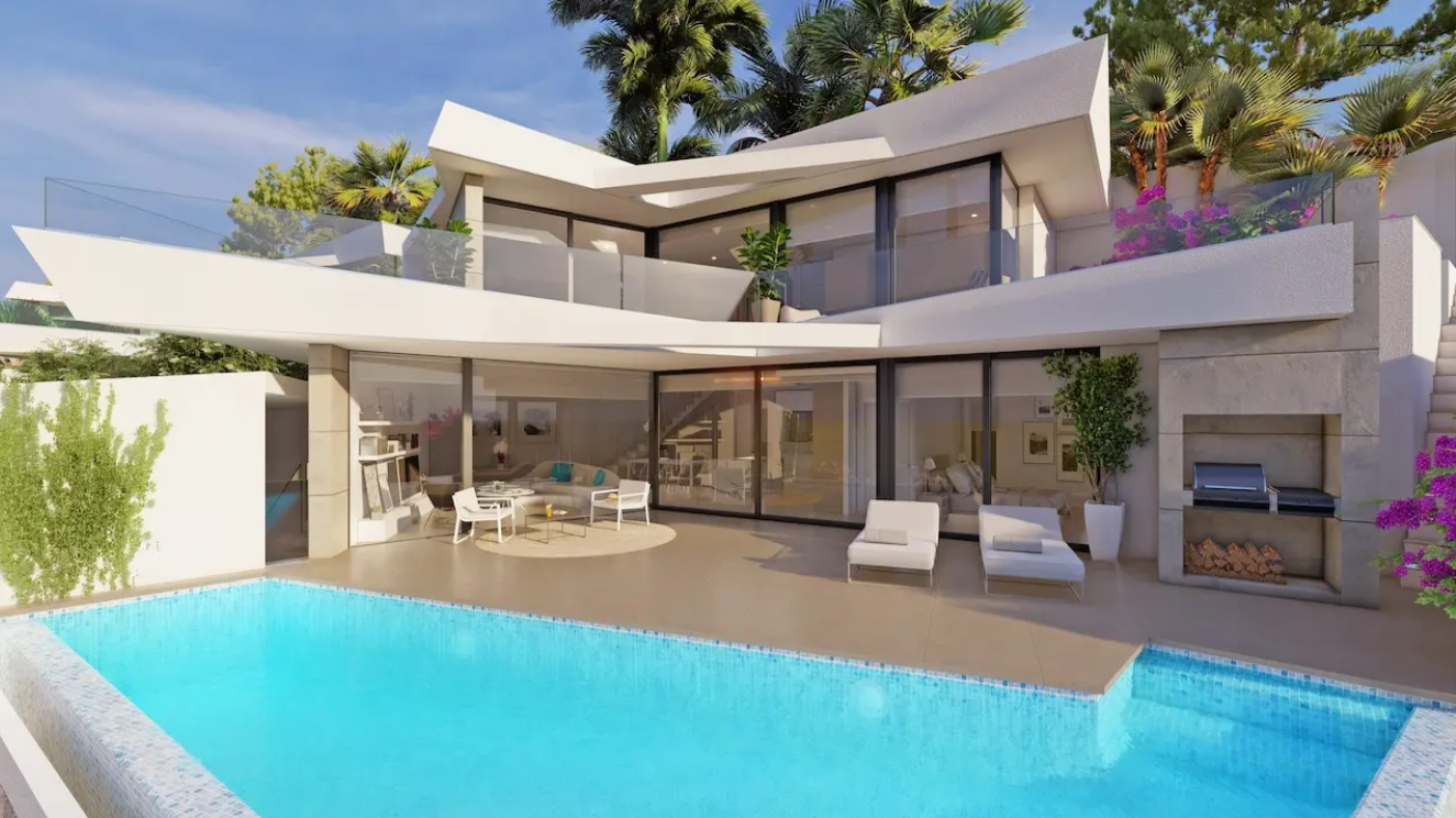 Moderne Villa mit Infinity-Pool, integriertem Steingrill und großzügiger Terrasse mit Loungemöbeln sowie bodentiefen Glasfronten.