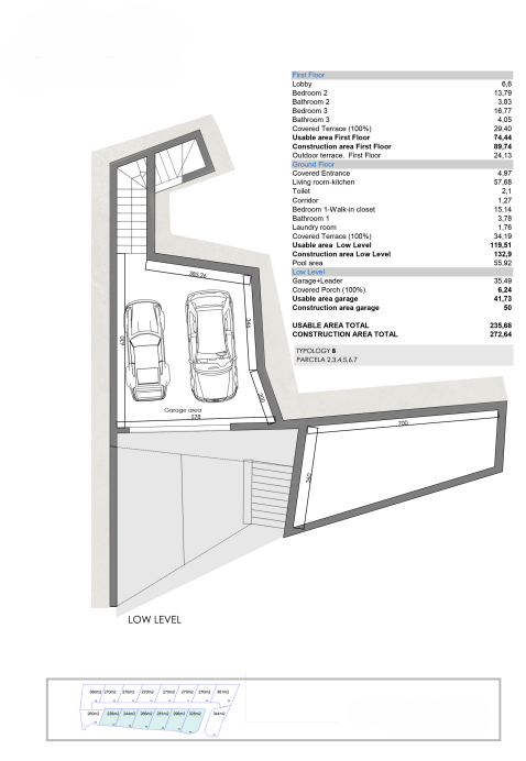 Technischer Grundriss des Untergeschosses (Typologie B) mit Doppelgarage, Treppenaufgang und detaillierter Aufschlüsselung der Wohn- und Nutzflächen.