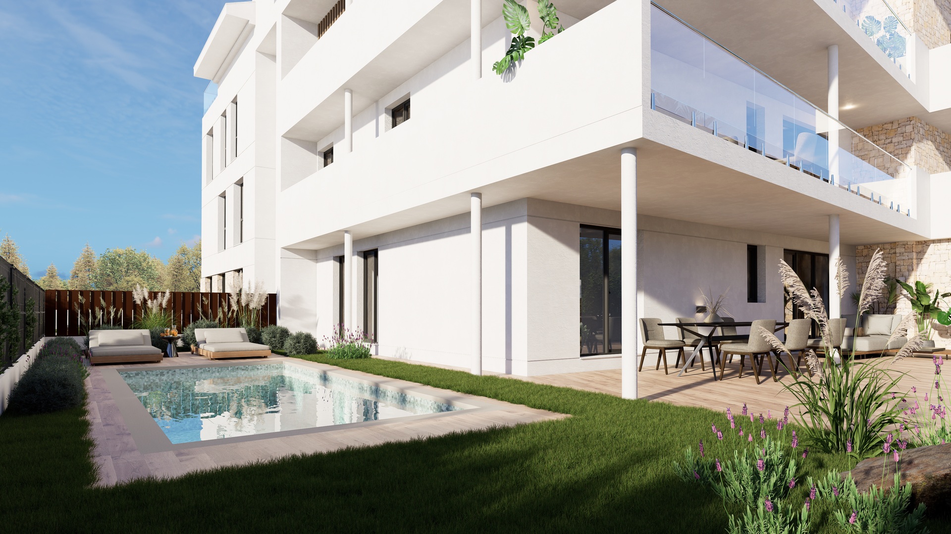 Außenansicht einer Erdgeschosswohnung mit privatem Pool, Terrasse in Holzoptik, Essbereich im Freien und angelegtem Garten.