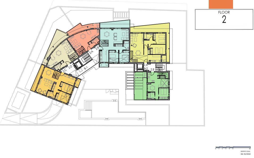 Detaillierter Grundriss der zweiten Etage mit der Aufteilung von fünf Wohnungen, Terrassen, Innentreppen und gemeinschaftlichen Erschließungsbereichen.