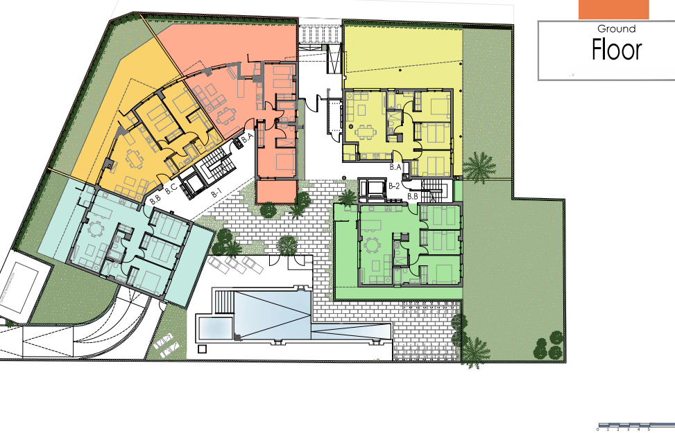 Detaillierter Grundriss des Erdgeschosses mit Darstellung der Wohnungsaufteilung, privaten Gärten und dem gemeinschaftlichen Poolbereich.