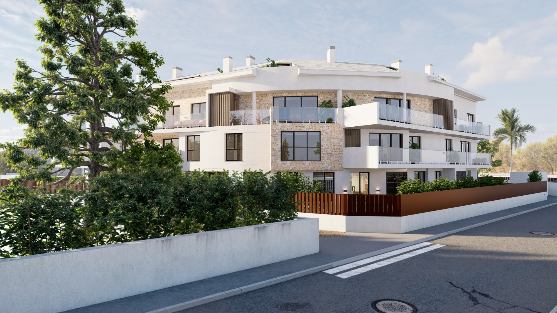 Dreistöckiges Wohngebäude mit geschwungener Fassade, Natursteinakzenten, großzügigen Terrassen mit Glasgeländern und integrierter Außenbepflanzung.