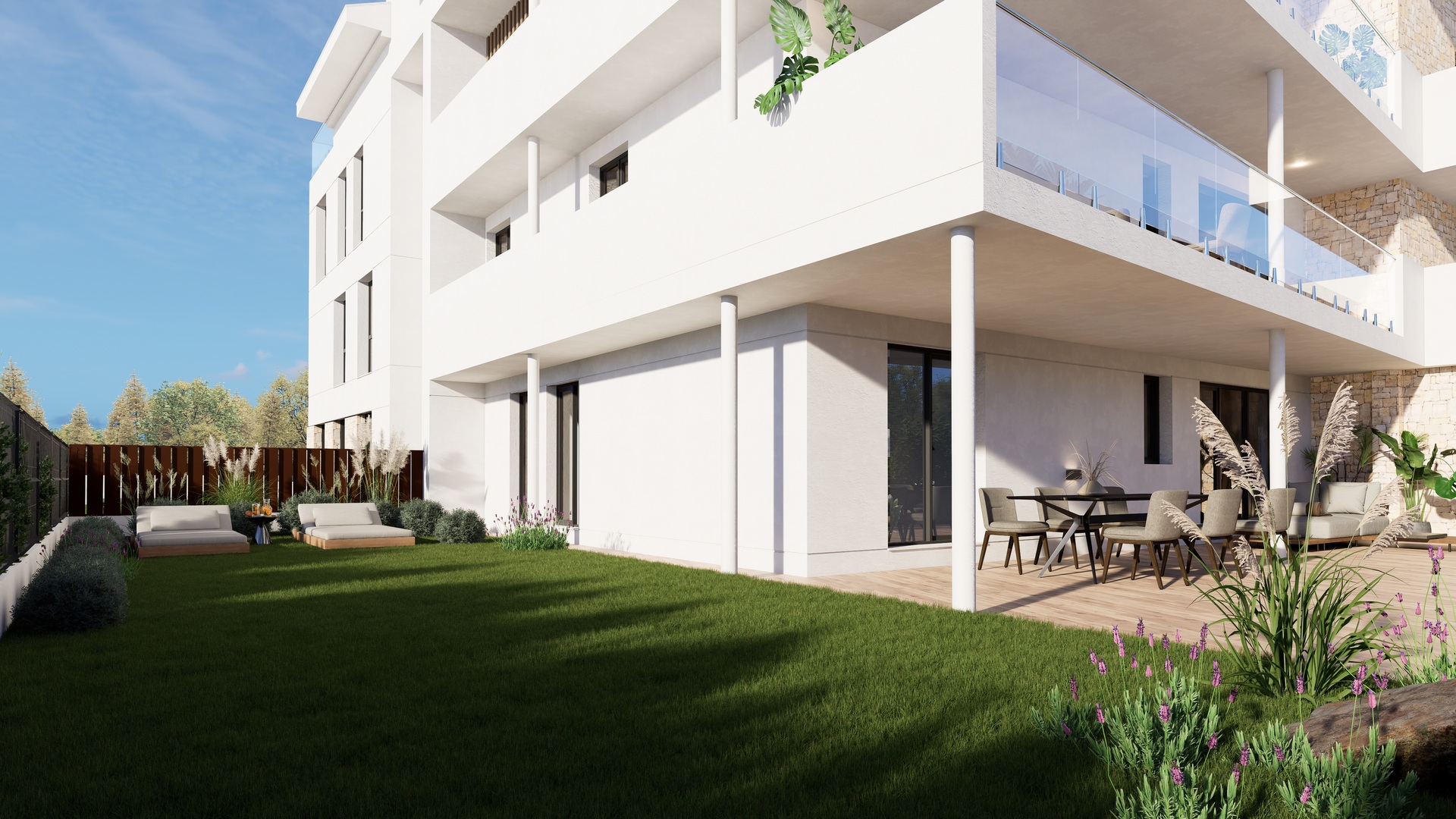 Erdgeschosswohnung mit privatem Garten, überdachter Terrasse mit Essbereich und moderner weißer Fassade mit Natursteinakzenten.