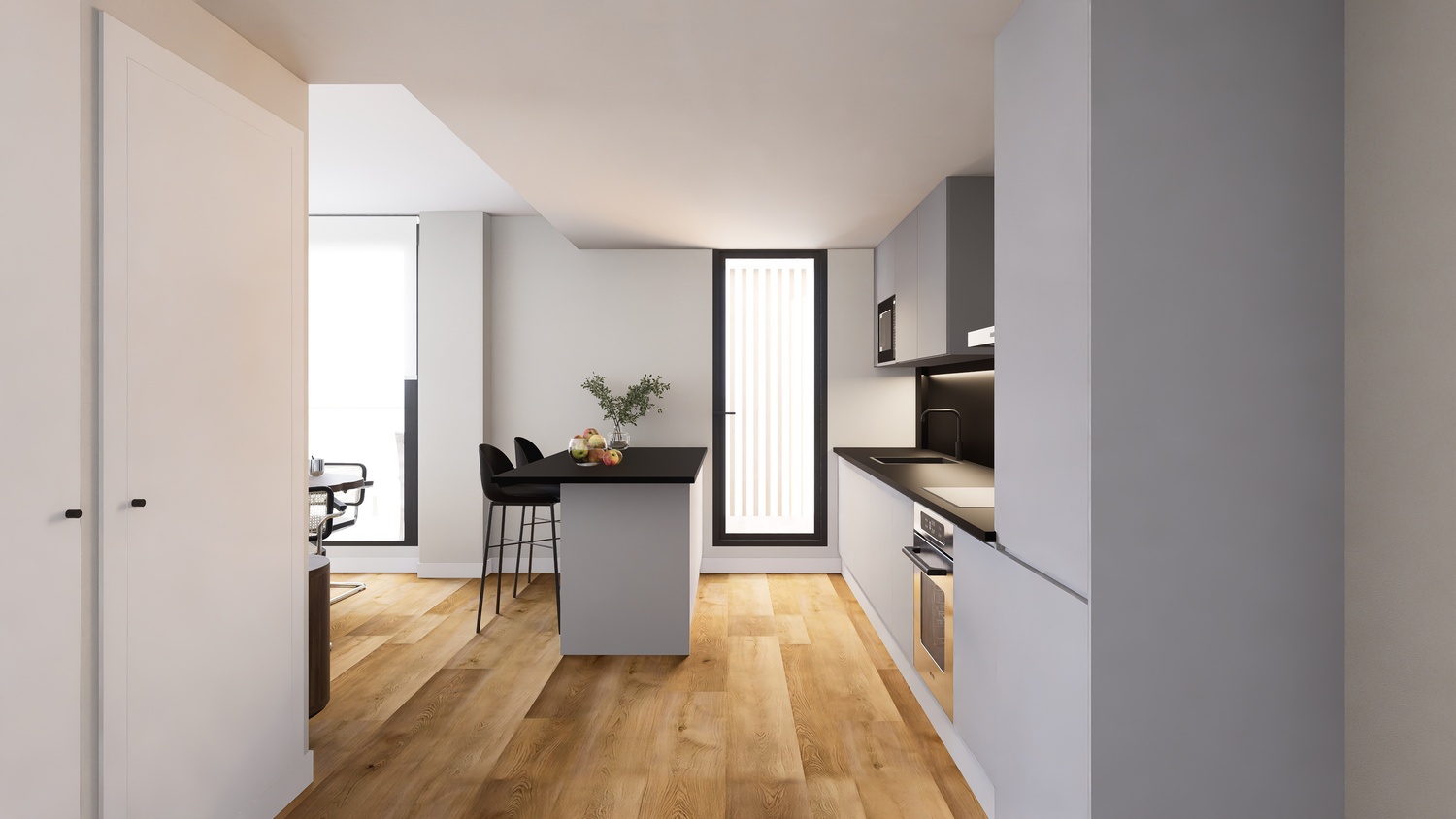 Moderne offene Küche mit grauen Schränken, schwarzen Arbeitsplatten und einer Kochinsel. Helle Holzböden unterstreichen das minimalistische und lichtdurchflutete Design.