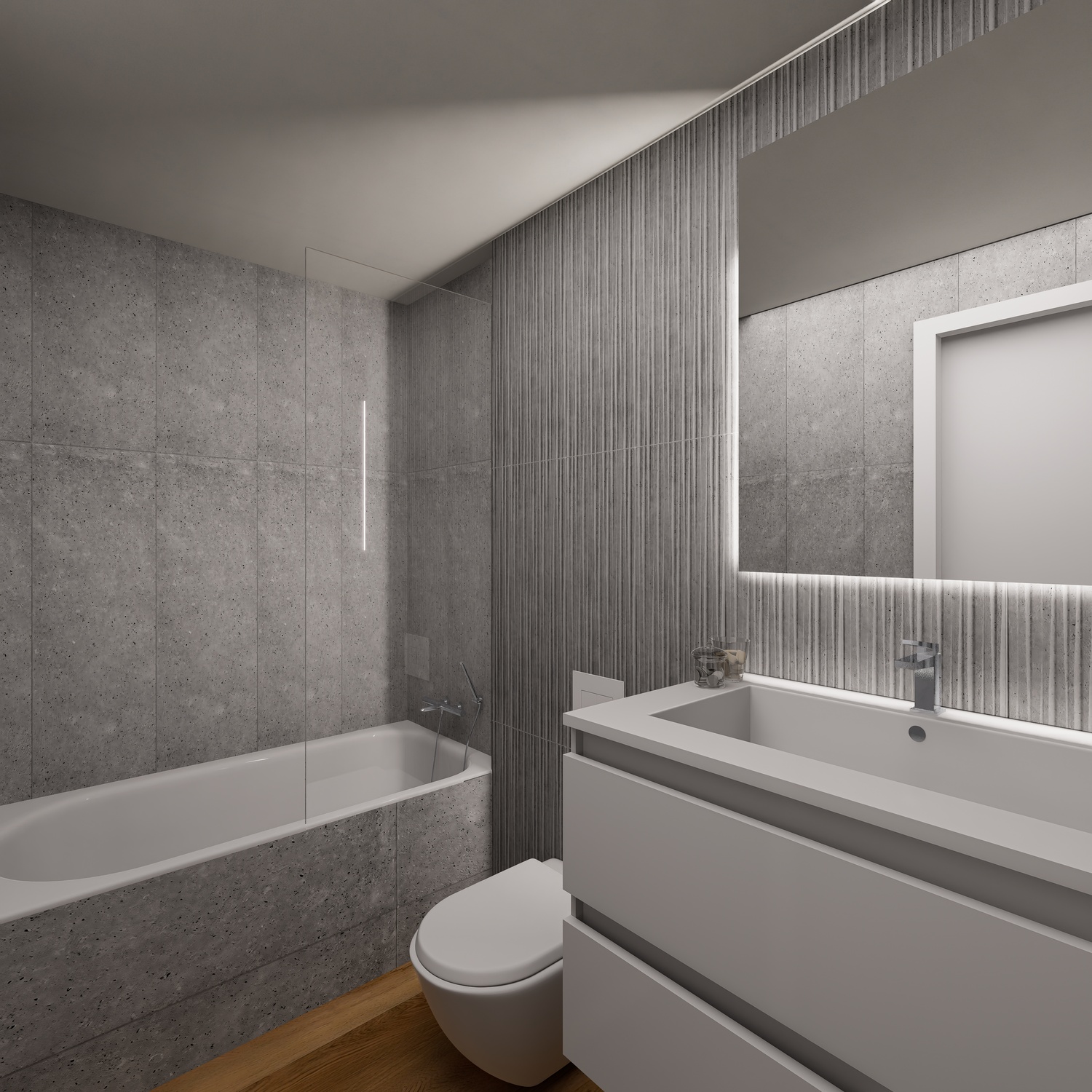 Modernes Badezimmer mit grauen Fliesen in Steinoptik, strukturierter Akzentwand und hängendem Waschtisch. Mit Badewanne, Glastrennwand und LED-hinterleuchtetem Spiegel.