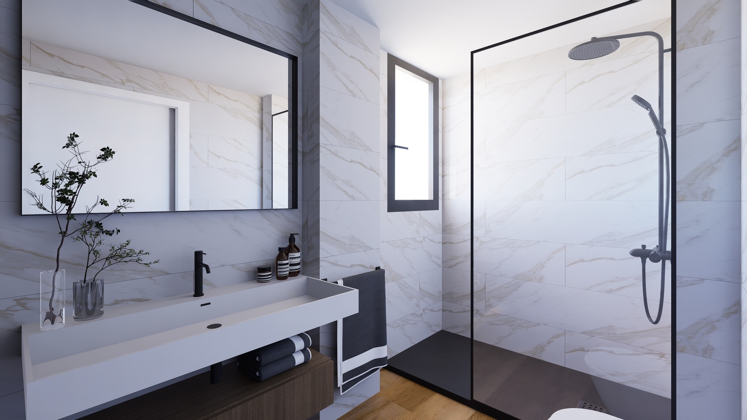 Modernes Badezimmer mit Wandfliesen in Marmoroptik, begehbarer Dusche mit schwarzen Armaturen und einem weißen Waschtisch auf schwebendem Holzdekor.