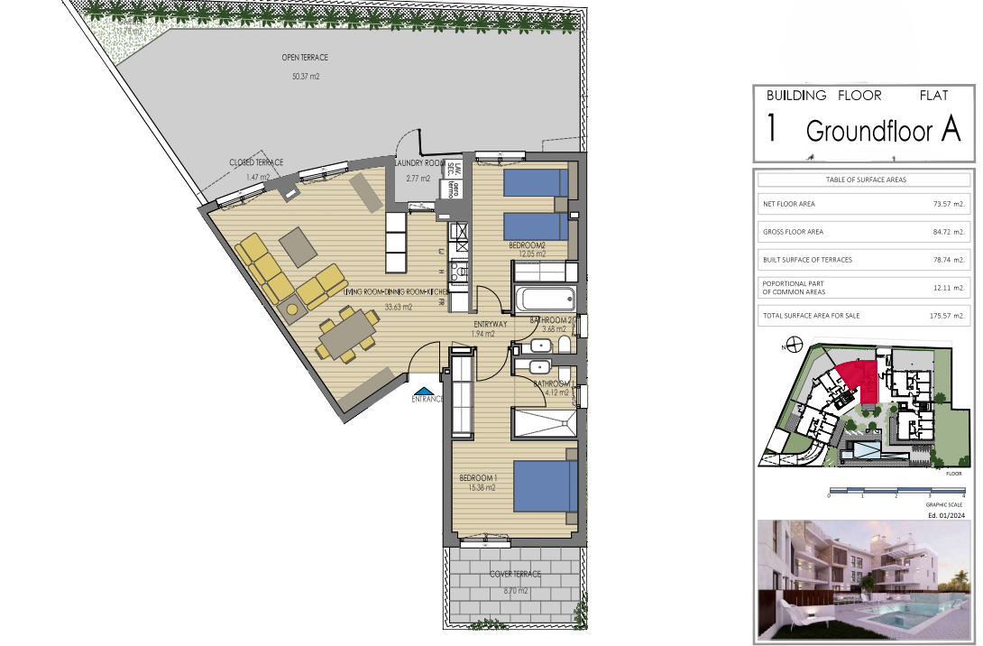 Technischer Grundriss von Erdgeschoss A in Gebäude 1 mit 2 Schlafzimmern, 2 Bädern und einer 50 m² großen offenen Terrasse sowie offenem Wohnbereich.