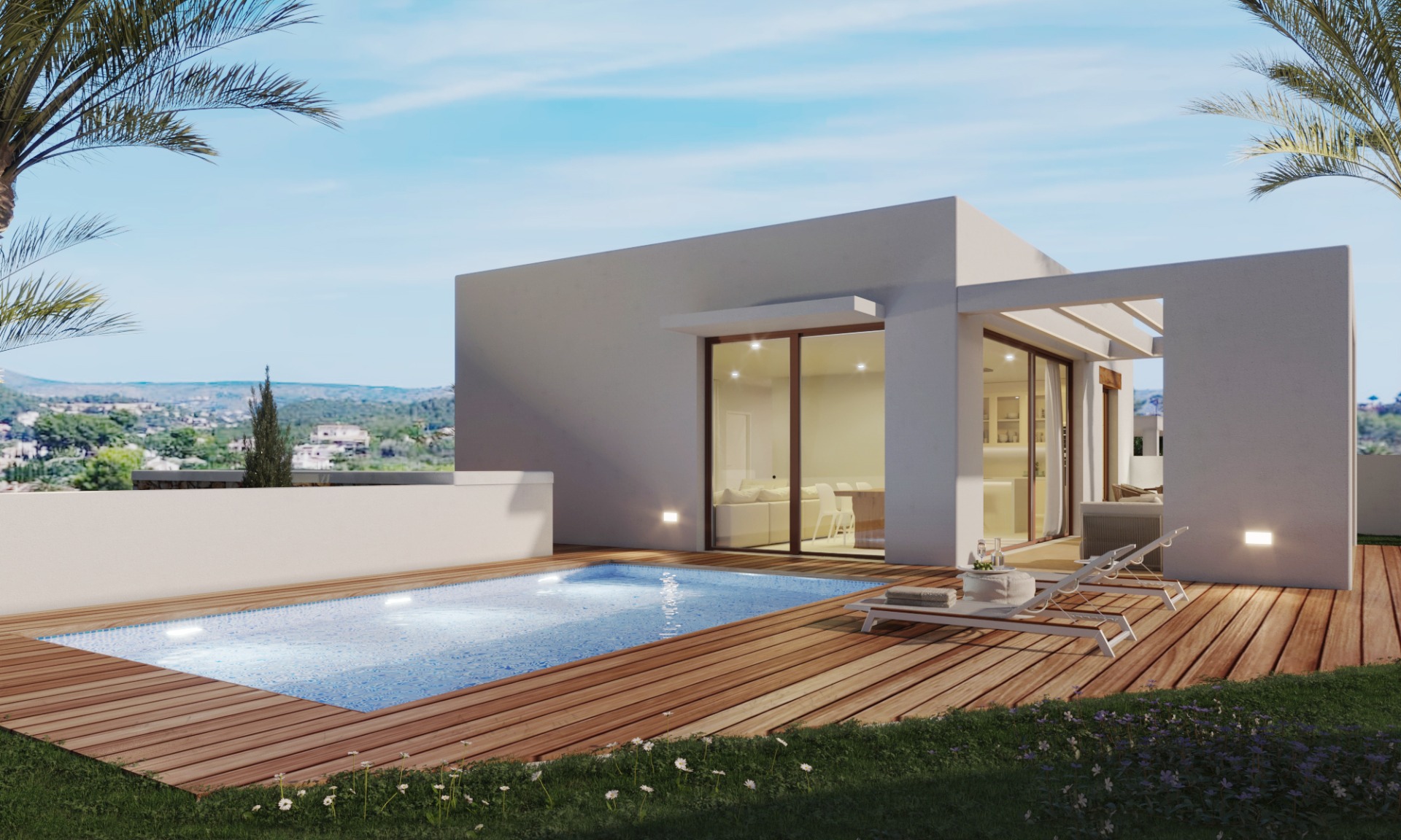 Moderne Außenansicht mit rechteckigem Pool, Holzterrasse und minimalistischer weißer Architektur mit großen Glasfronten und Blick auf das Montgó-Massiv.