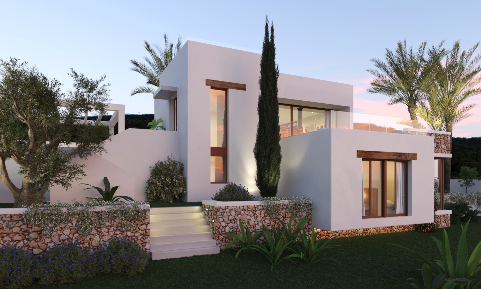 Moderne Villa mit weißer Fassade, Natursteinmauern und Holzelementen. Der mediterrane Garten ist mit Olivenbäumen, Zypressen und beleuchteten Außentreppen gestaltet.