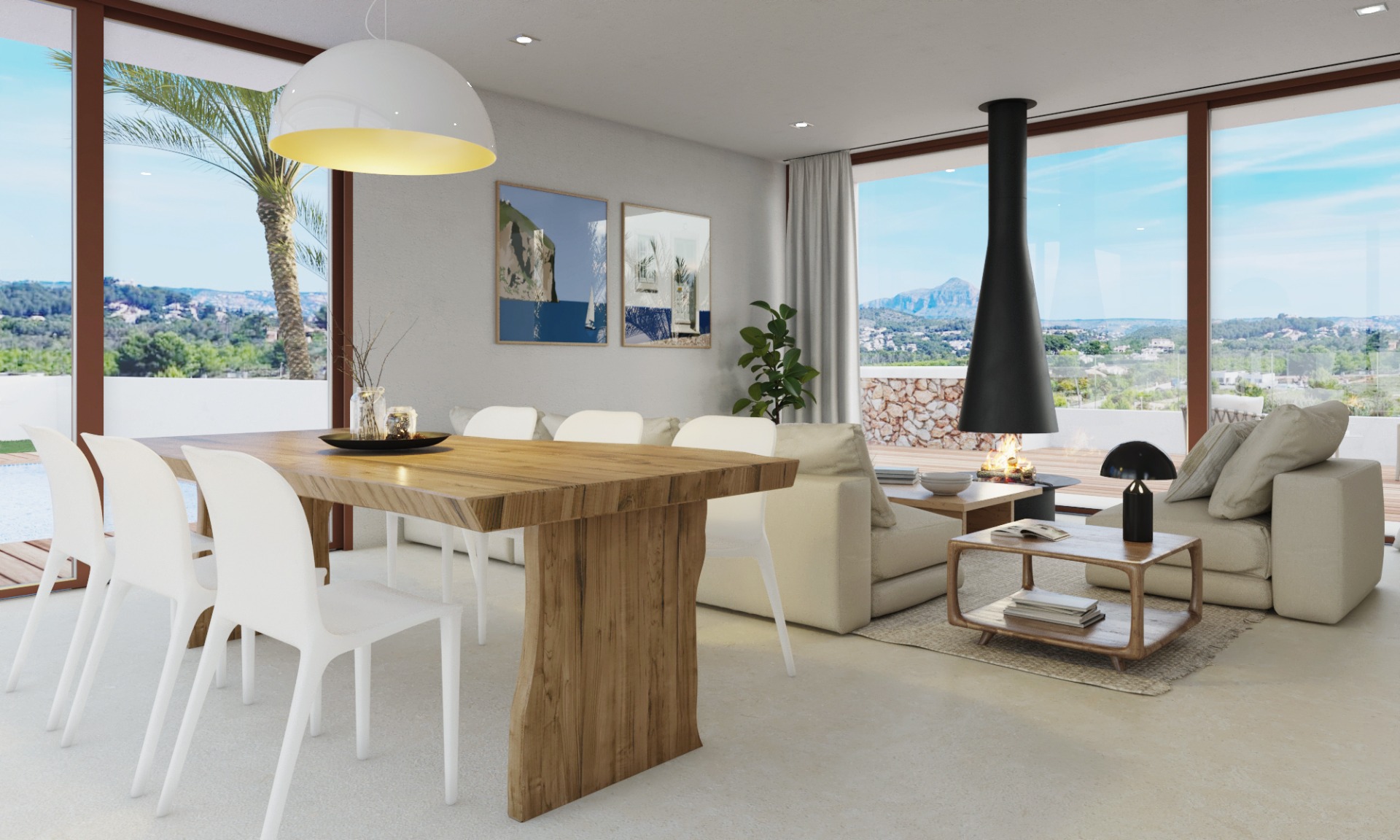 Offener Wohn- und Essbereich mit massivem Holztisch, modernem hängendem Kamin und bodentiefen Fenstern mit Blick auf den Berg Montgó.