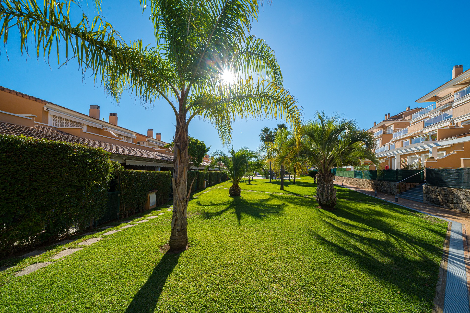 Gepflegte Gemeinschaftsgärten mit Rasen und Palmen, eingebettet zwischen mediterranen Apartmenthäusern unter strahlend blauem Himmel.
