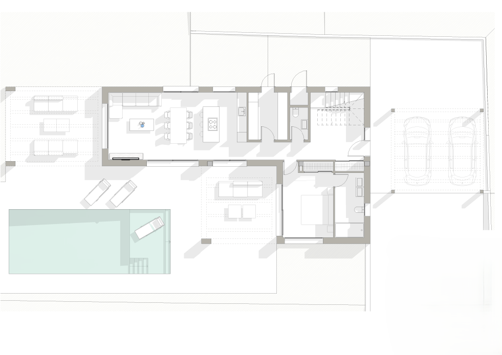 Architektonischer Grundriss des Erdgeschosses mit offenem Wohnbereich, Schlafzimmer mit Bad, Terrassen, einem 10x4m Pool und einem Doppel-Carport.