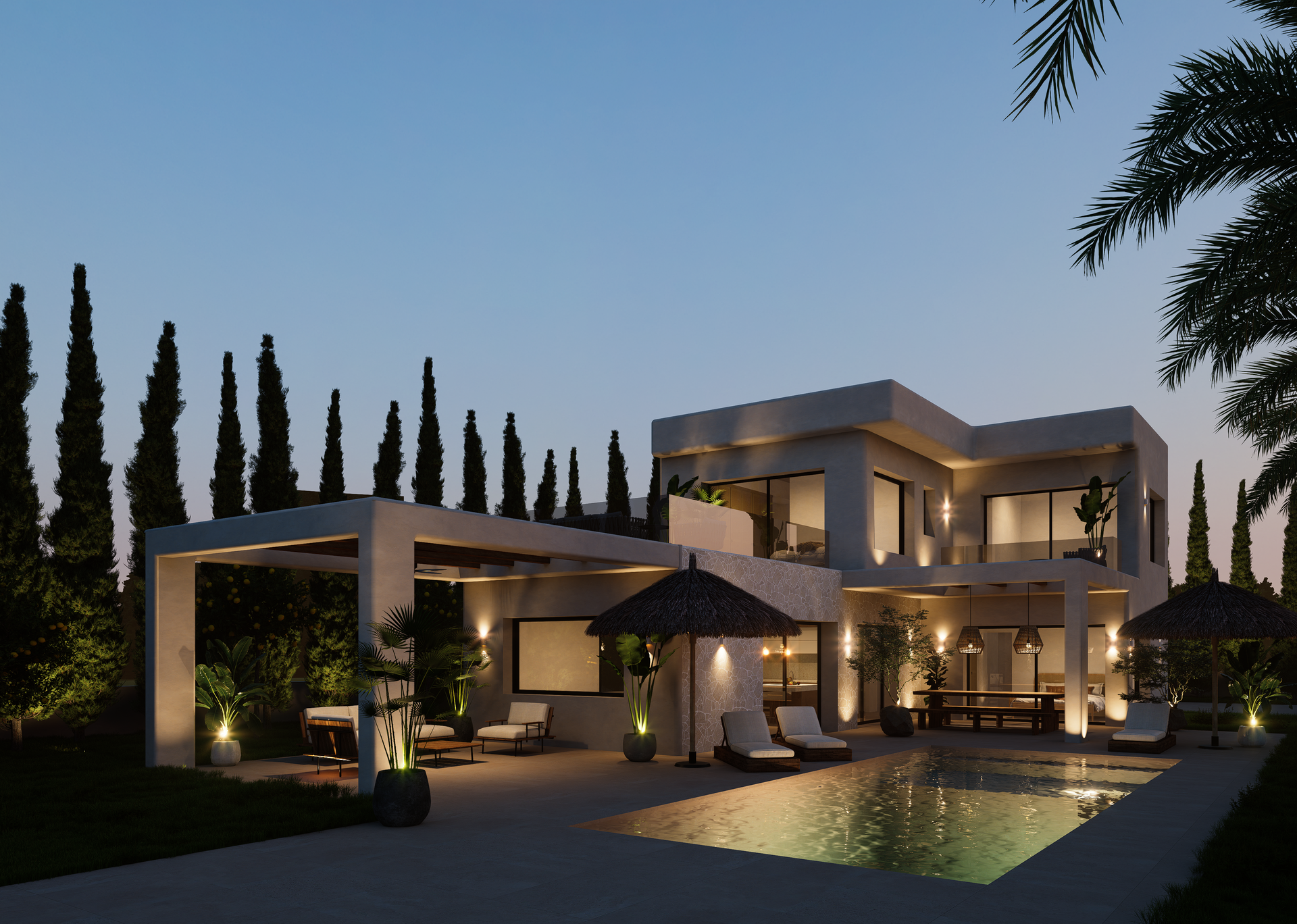 Architektur-Visualisierung der Villa bei Dämmerung mit beleuchtetem Pool, überdachten Terrassen und mediterranem Garten mit hohen Zypressen.