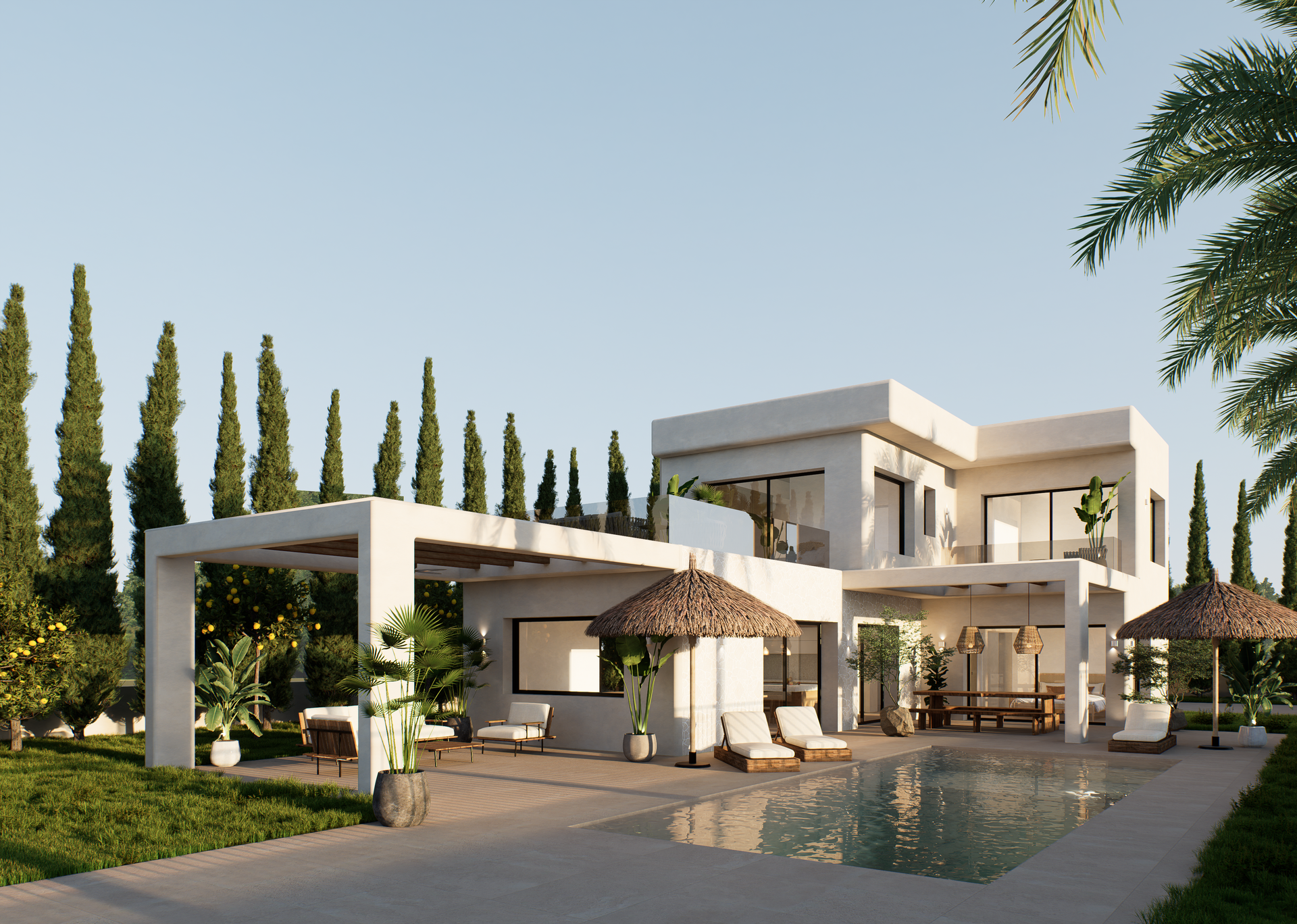 Außenansicht der modernen Villa mit rechteckigem Pool, Strohschirmen, überdachten Terrassen und mediterranem Garten mit Zypressen und Zitronenbäumen.
