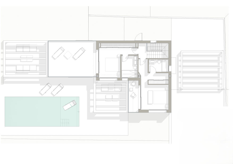 Detaillierter architektonischer Grundriss der Villa mit Darstellung der Raumaufteilung, des Pools, der Terrassen mit Pergolen und der En-Suite-Schlafzimmer.