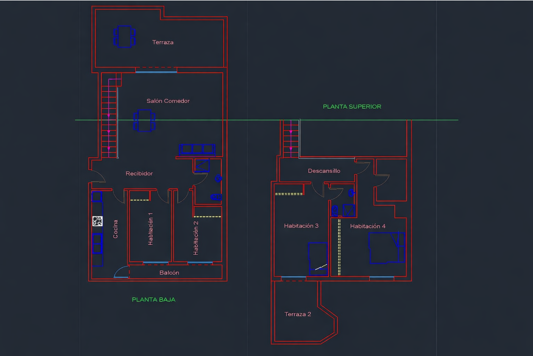 Detaillierter Grundriss des Duplex-Penthouses mit der Raumaufteilung auf zwei Ebenen, bestehend aus vier Schlafzimmern, zwei Terrassen und einem Wohn-Essbereich.