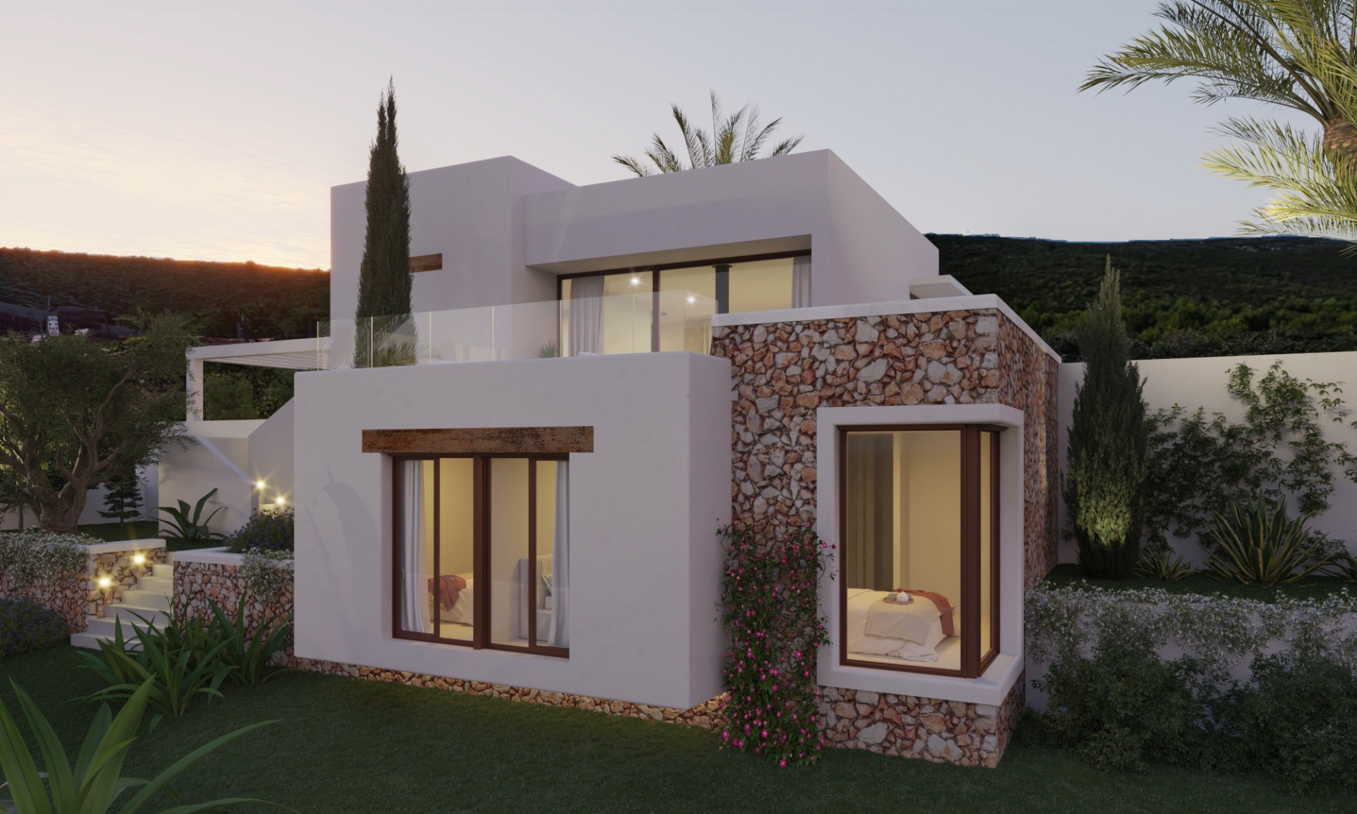 Außenansicht einer modernen zweistöckigen Villa mit Natursteinwänden und weißer Fassade. Große Fensterfronten und Glasgeländer prägen das Design in der beleuchteten Gartenanlage.
